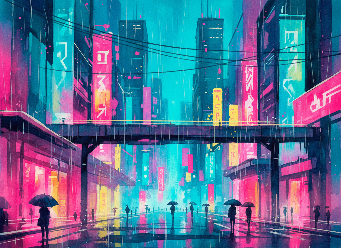 Cyberpunk city street at night